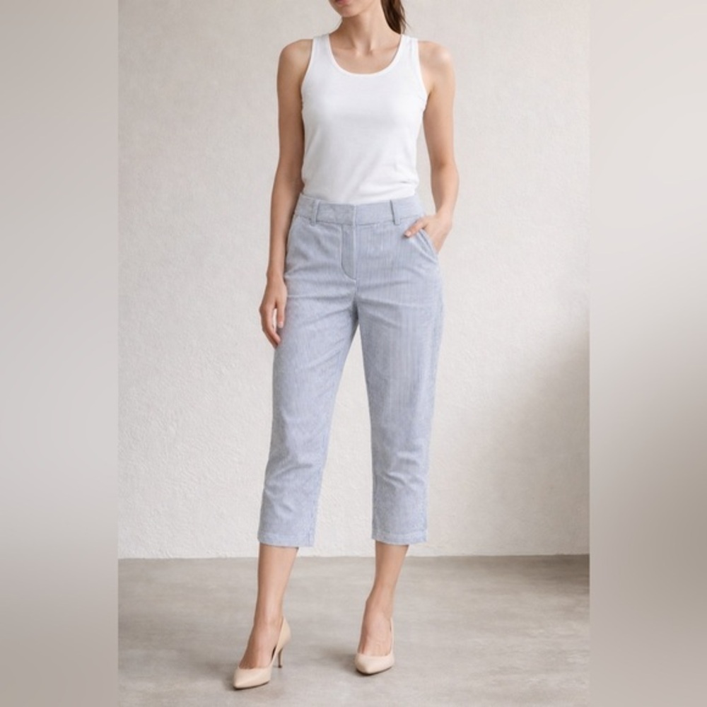 Boden Pinstriped Capri Length White Gray Pants Size 4